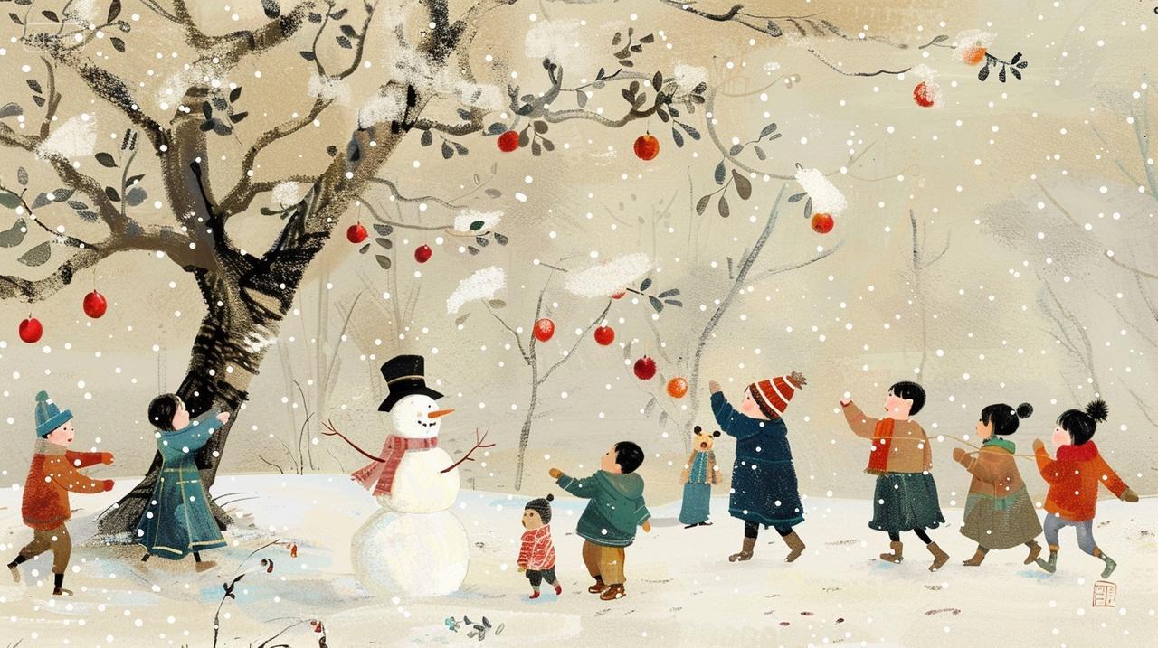 2025除夕元旦春节冬季新年雪花飞舞冬天孩子在柿子树下与雪人玩耍立冬小雪大雪大寒插画