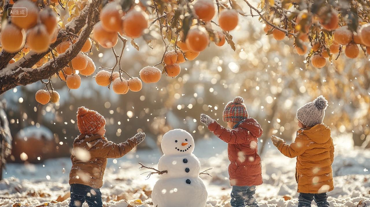 红色背景冬季雪花飞舞冬天孩子在柿子树下与雪人玩耍立冬小雪大雪大寒插画