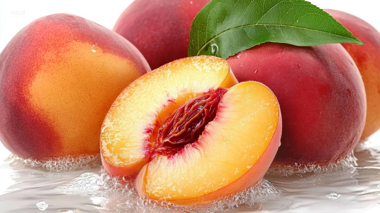 水中放着一堆新鲜桃子水果食物