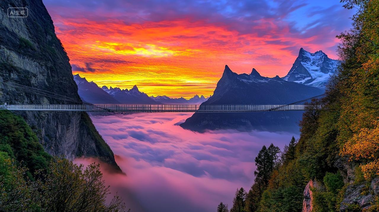 云端漫步冰山下的吊桥与晚霞夜空