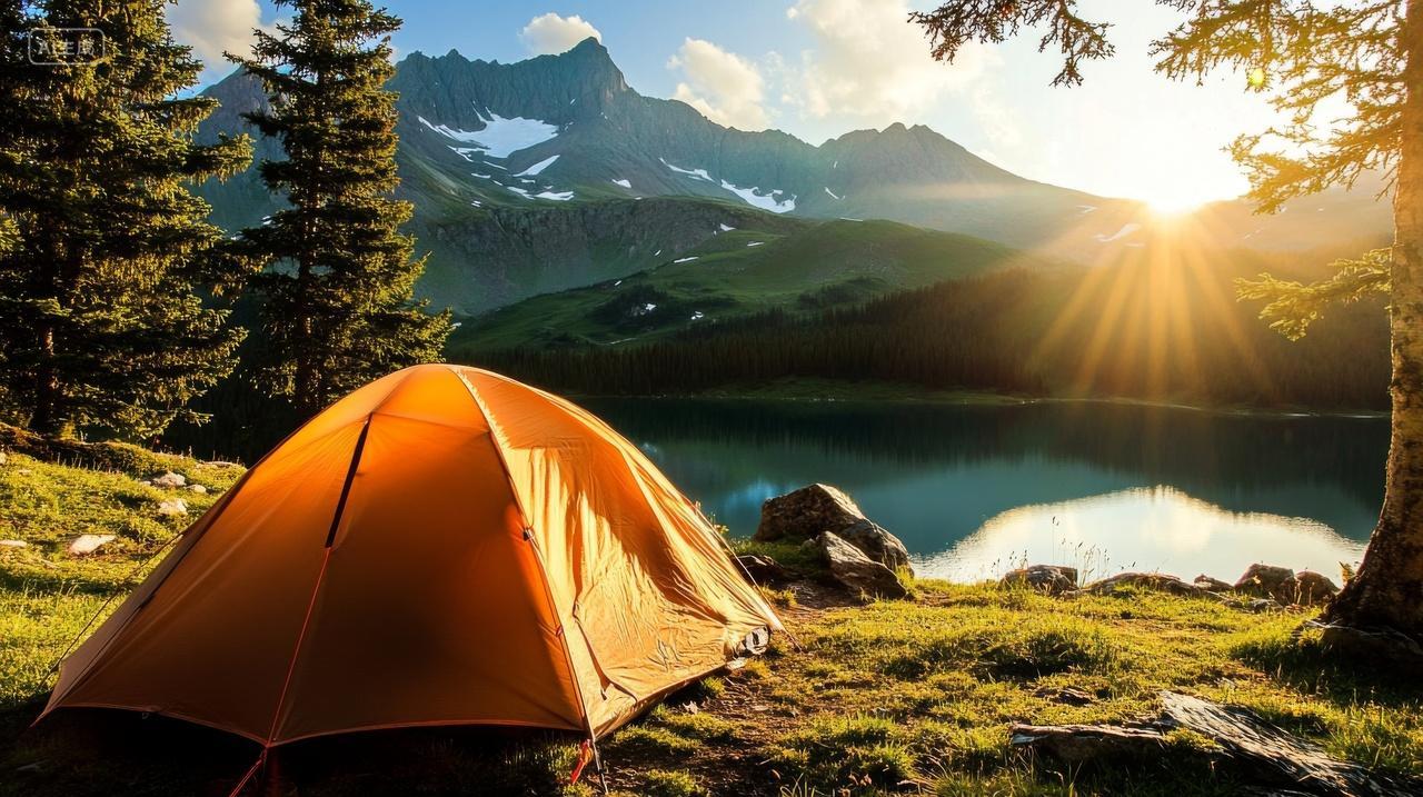 森林阳光下在户外露营帐篷搭建野餐野营户外生活