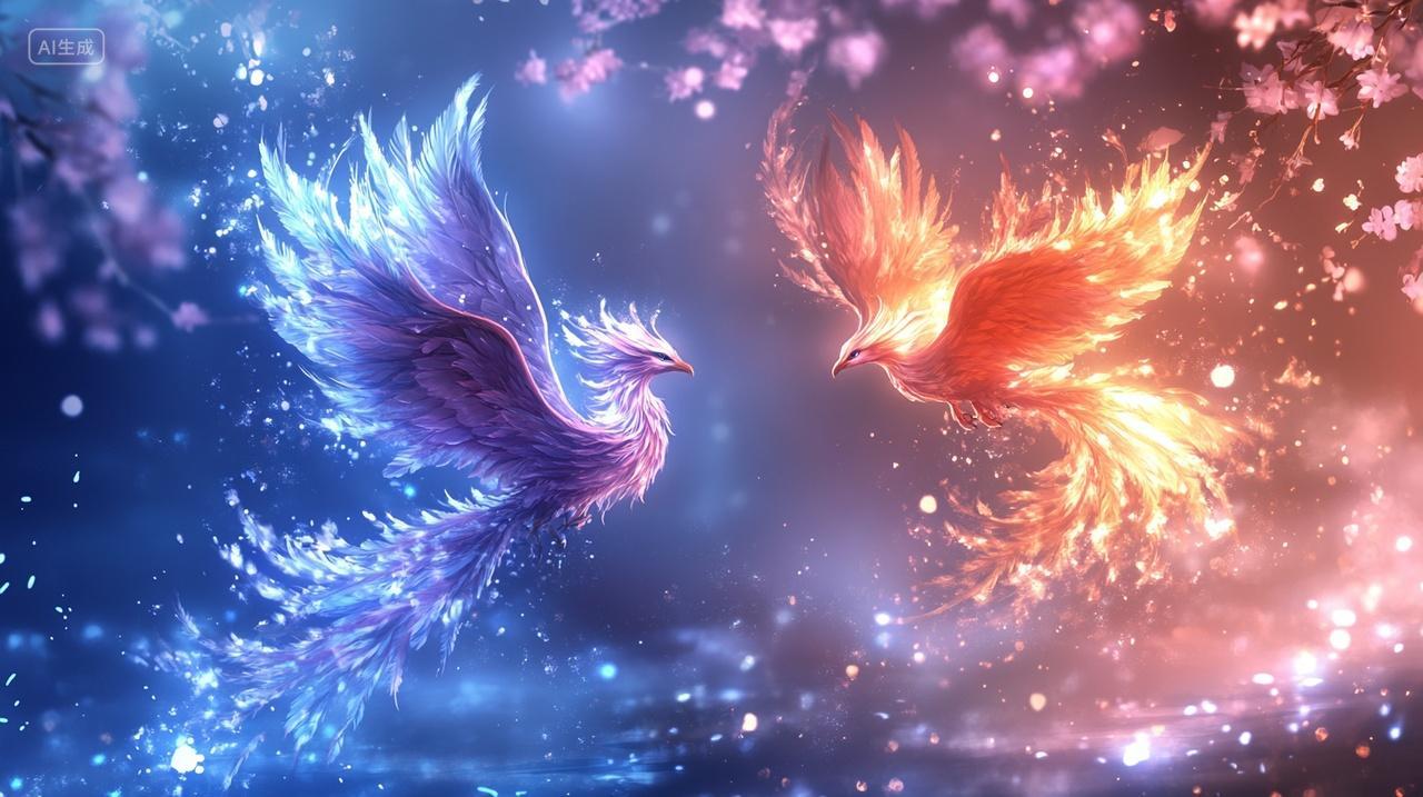 两只飞舞的凤凰插画背景