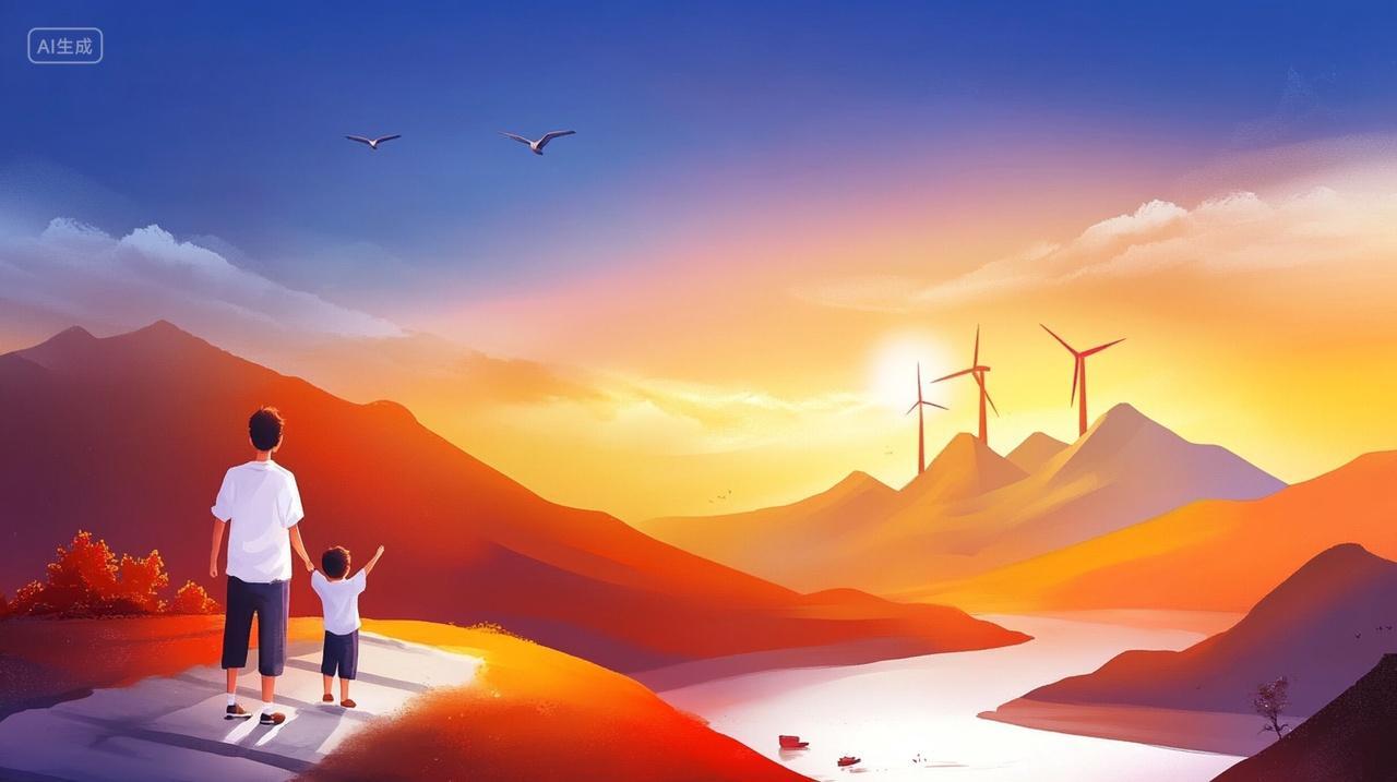 傍晚父亲带儿子看风车插画背景