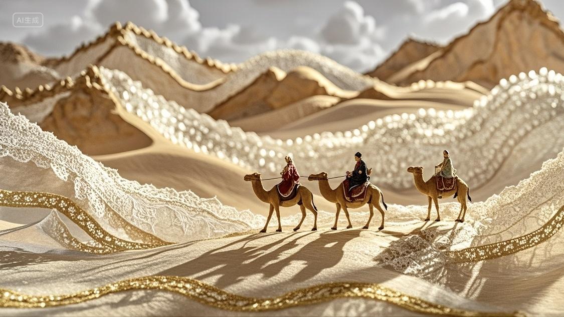 动物骆驼队在金黄沙漠中前进沙漠旅游丝绸之路历史