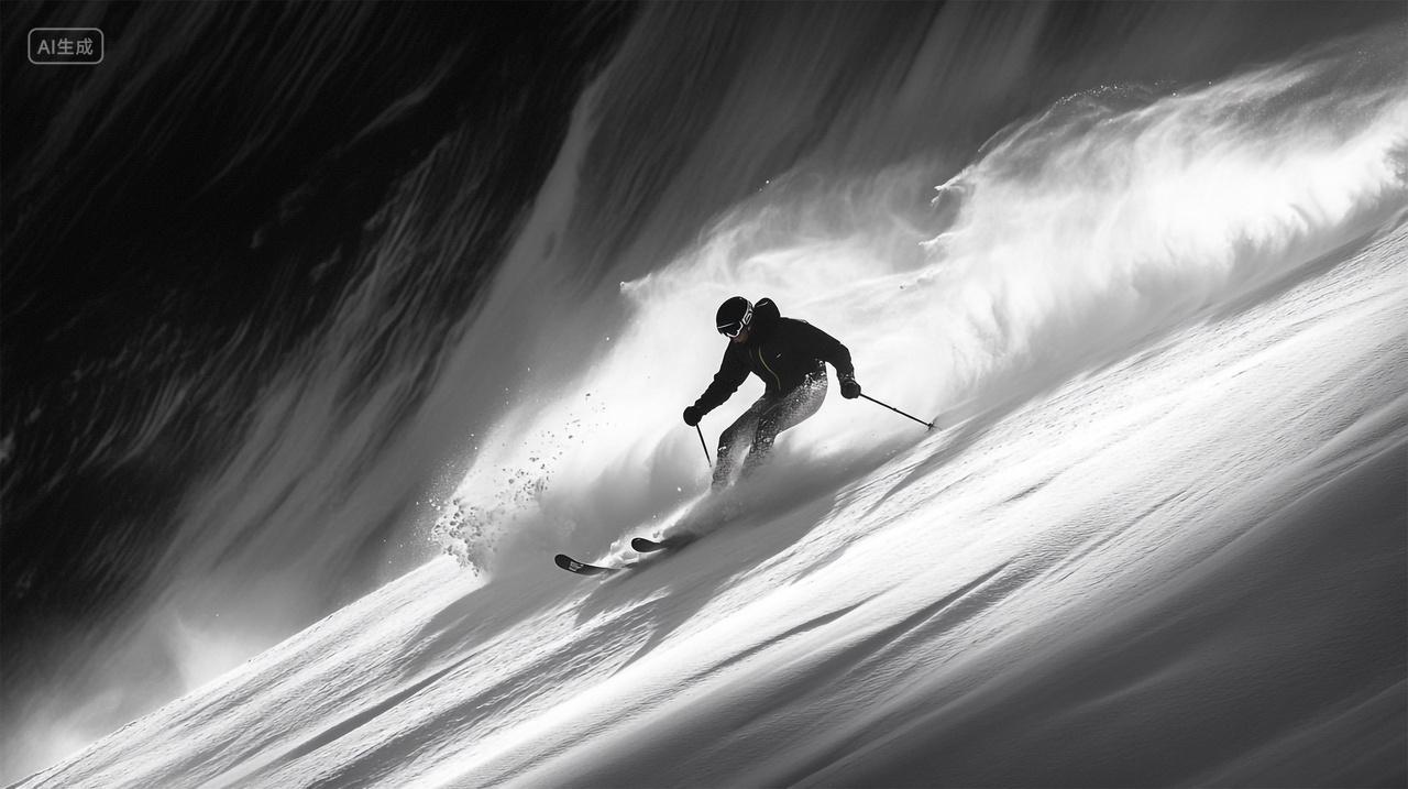 滑雪侧面拍摄一位滑雪爱好者在陡坡滑雪