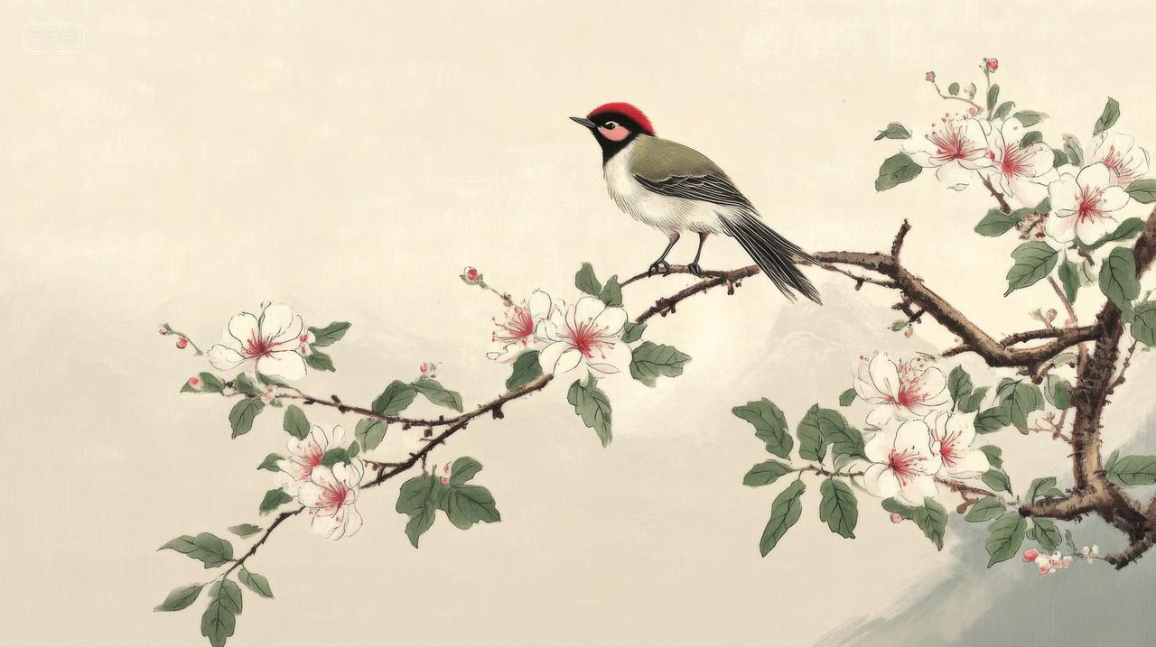 中国风动物小鸟鸟类站在树枝上中国画水墨画花鸟画