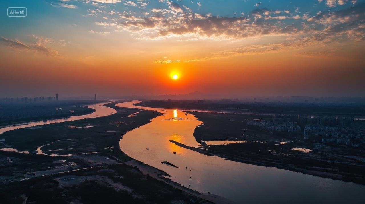 黄昏时分的江流晚霞落日夕阳西下唯美风景浪漫背景图电脑壁纸