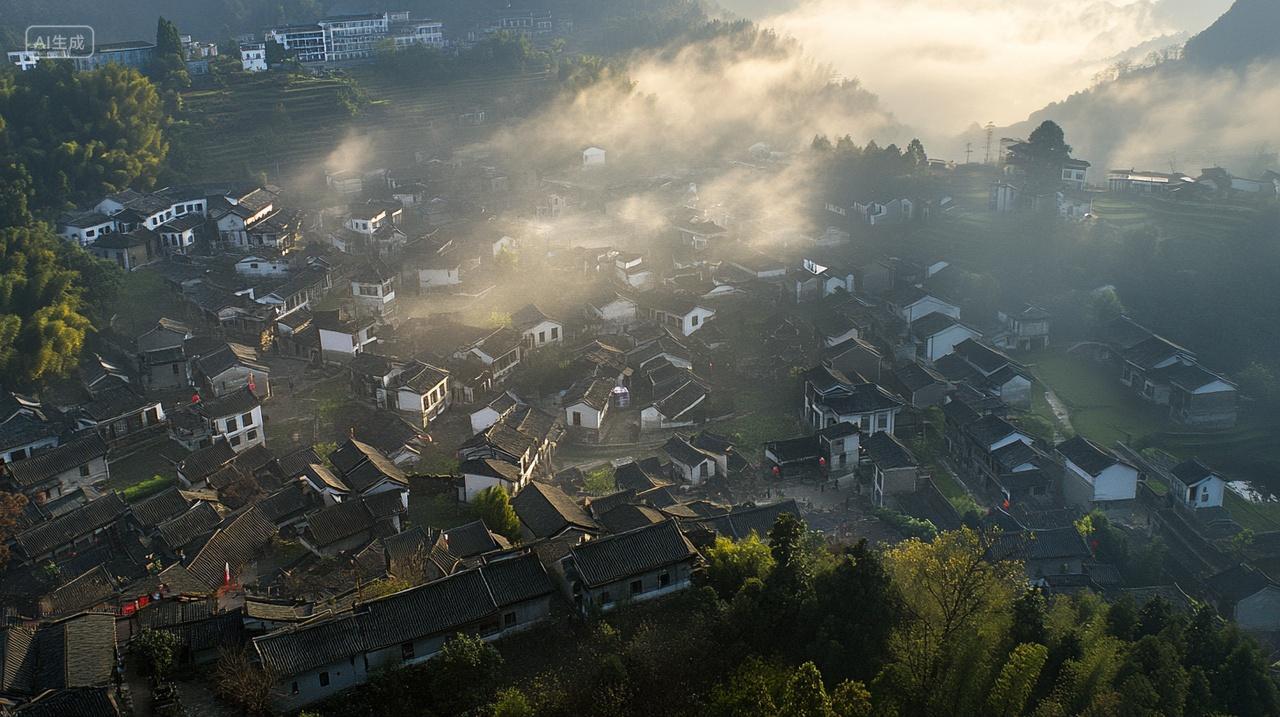 中国风航拍清晨云雾缠绕的村庄风景图片