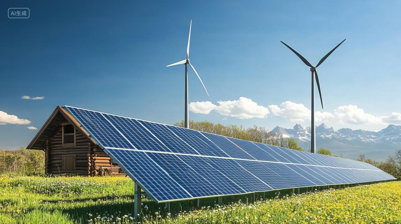 科技感新能源风车太阳能风力发电田野