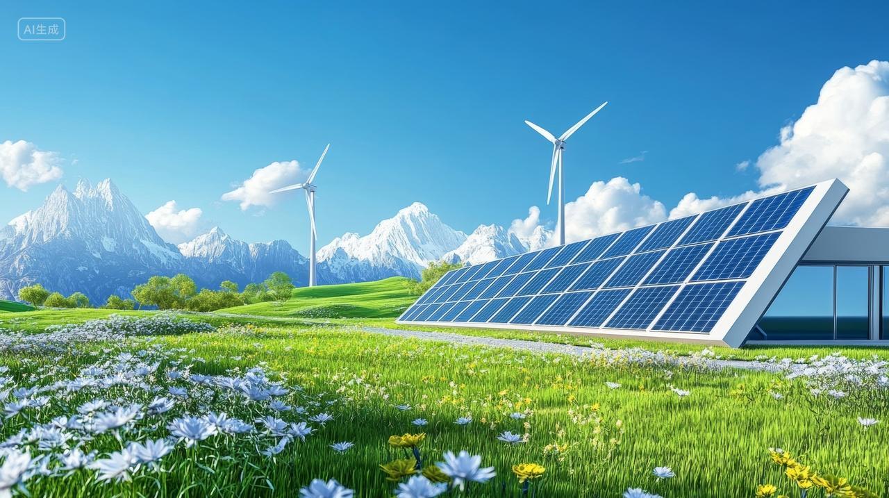 蓝天白云下的风能光伏电板太阳能新能源高新科技技术