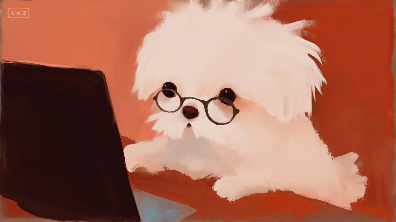 动物卡通宠物戴眼镜的狗狗在电脑前工作