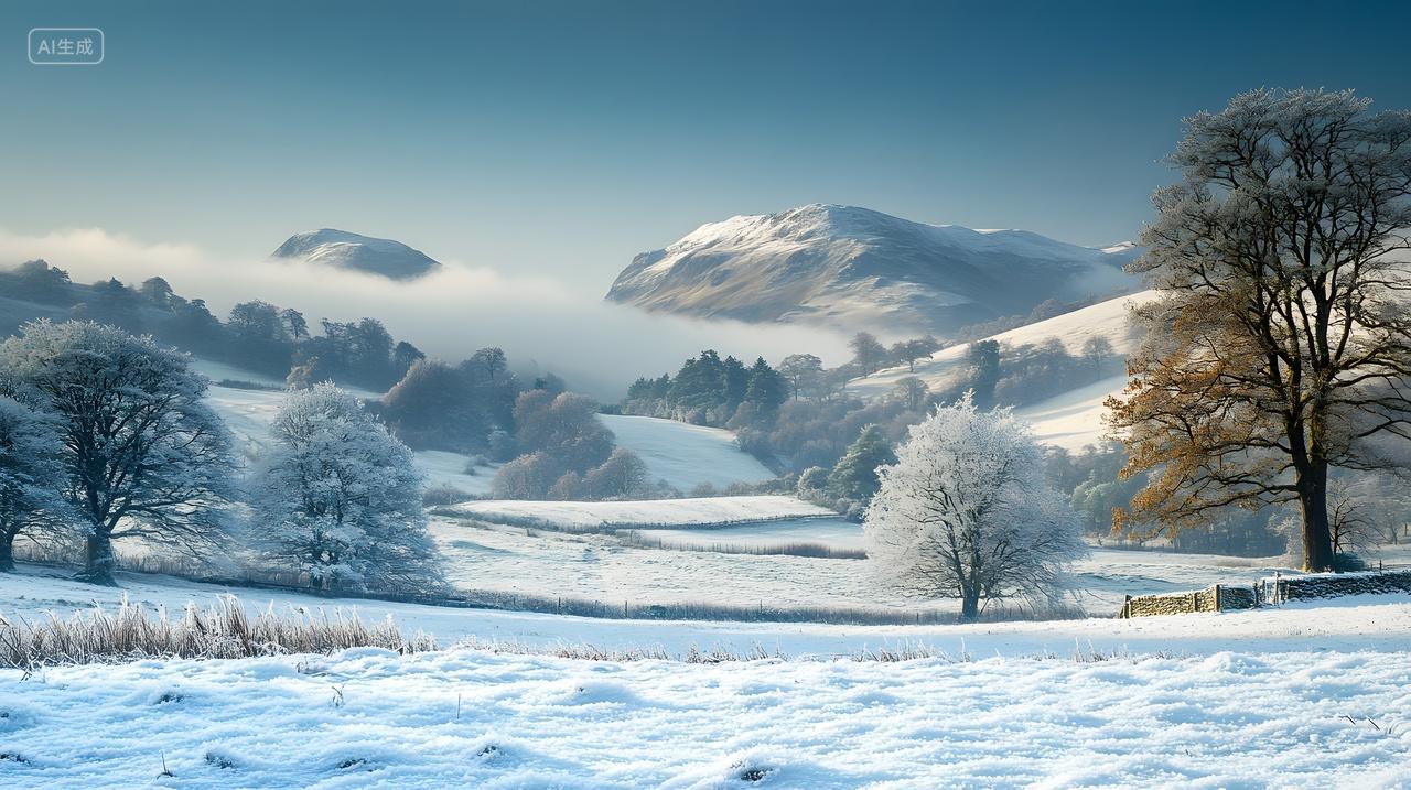冬天薄雾笼罩的雪景田野展现宁静朦胧之美