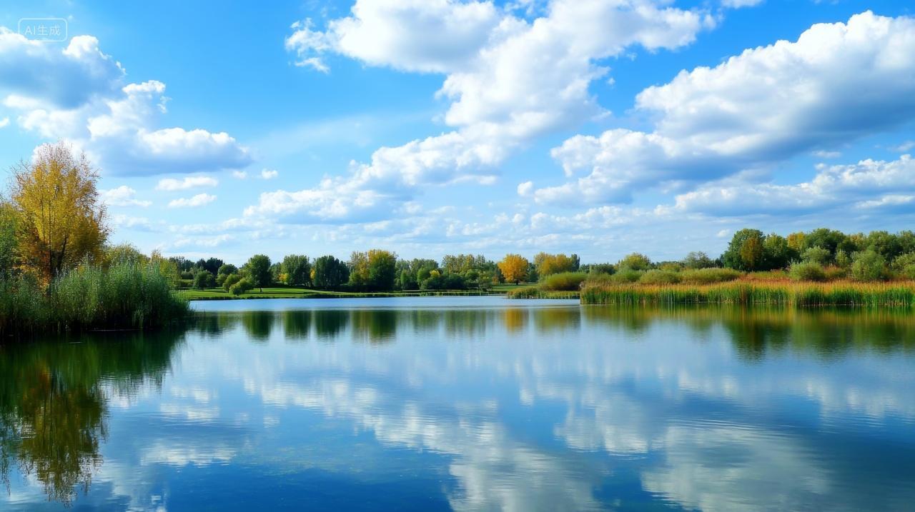 宁静蓝天白云湖泊自然生态超广角壁纸背景图
