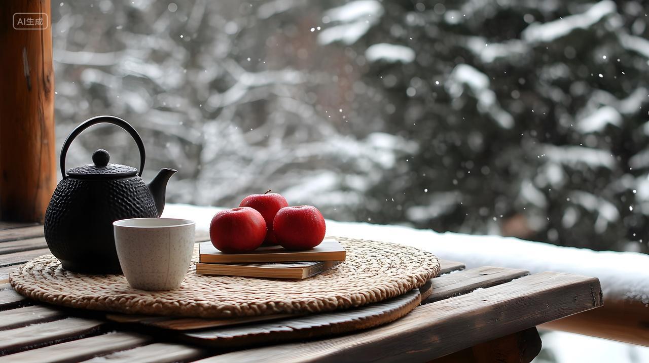 冬天雪景前的茶壶与红苹果带来温馨静谧时光