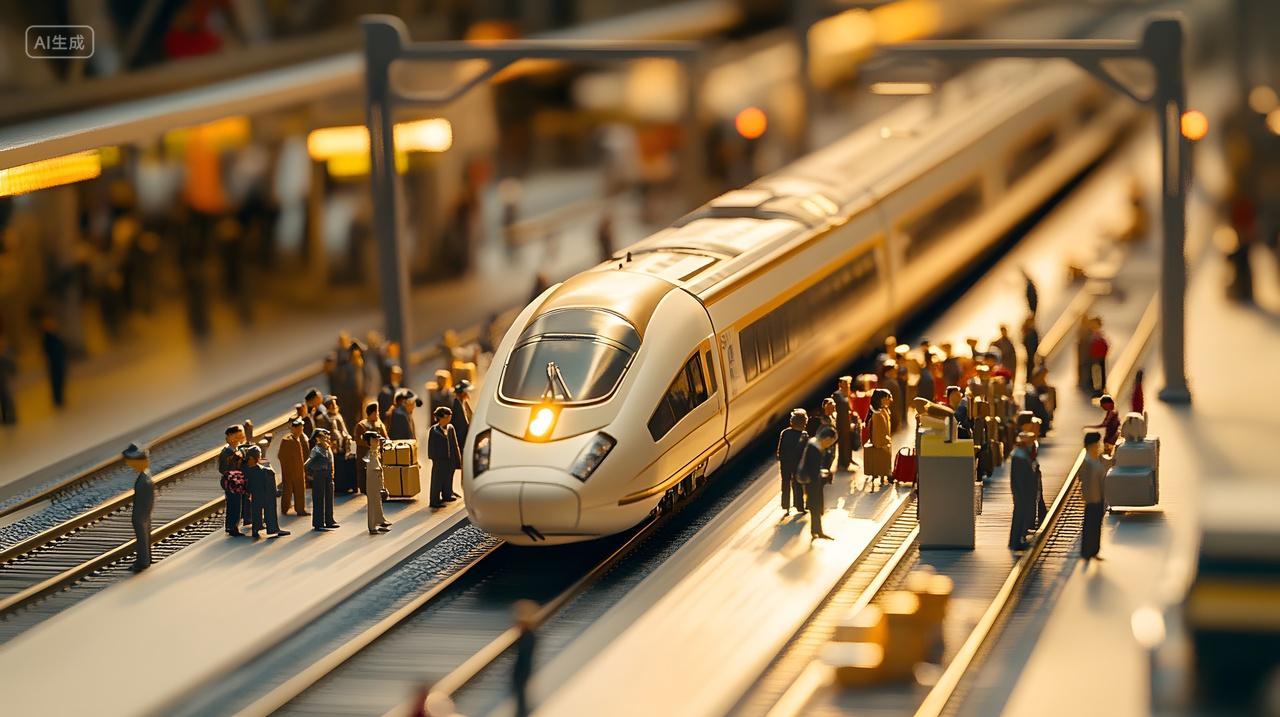 火车站台高速列车与旅客等待展现春运繁忙景象