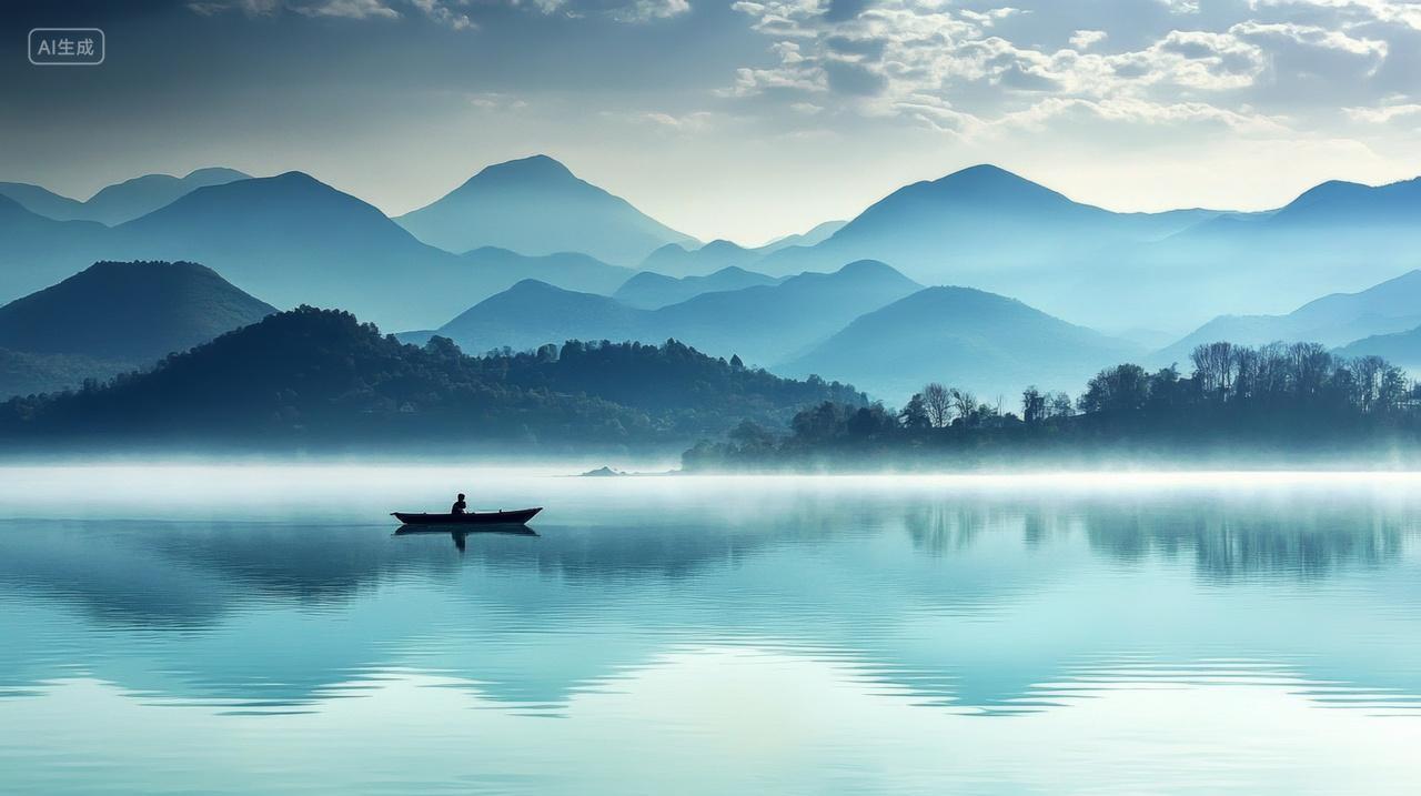 一人乘舟独行于山水间唯美朦胧壁纸背景图