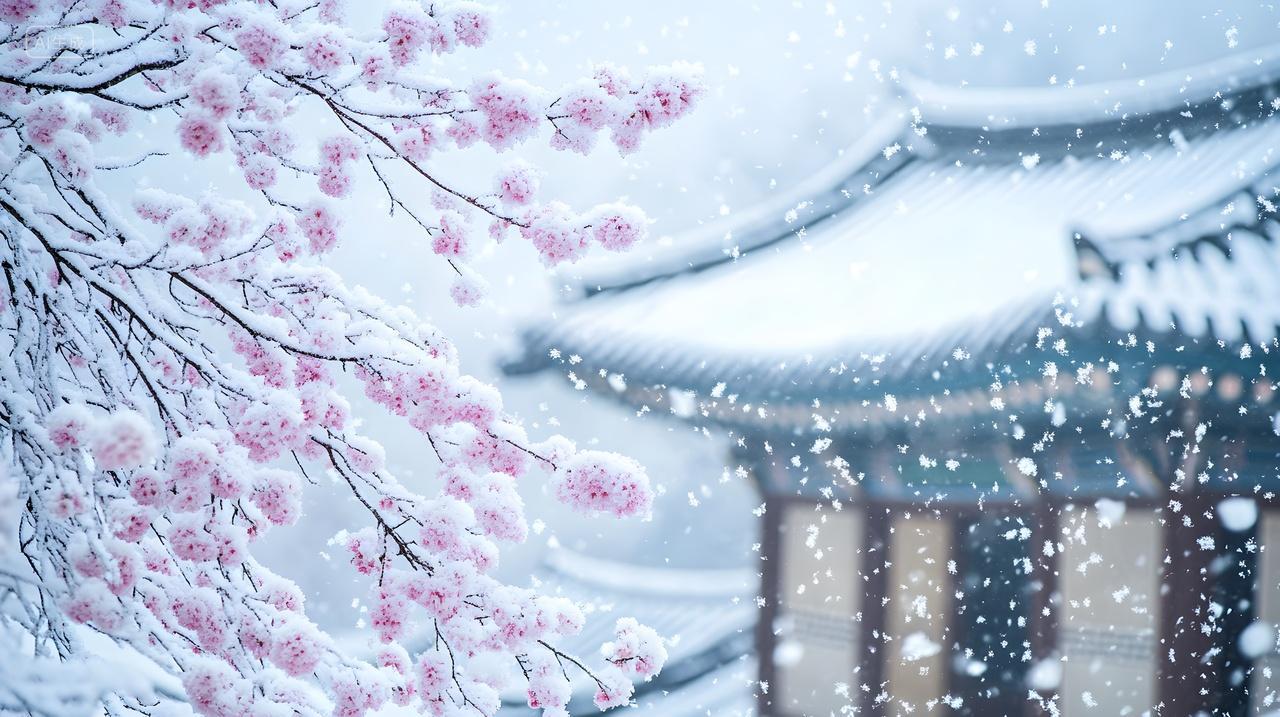 冬天飘雪中传统中式建筑与盛开梅花展现宁静之美