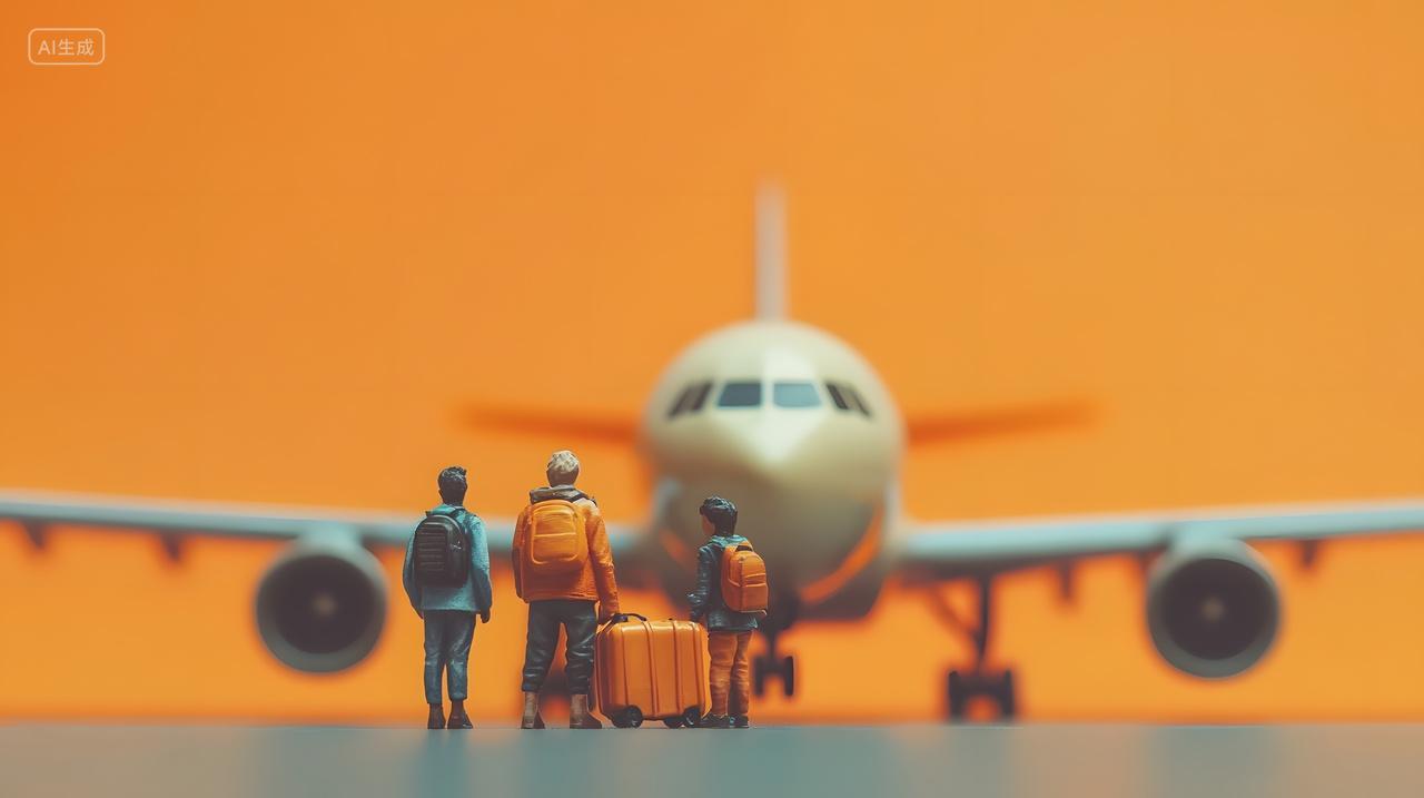 橙色背景下旅客在飞机前准备登机展现春运出行氛围