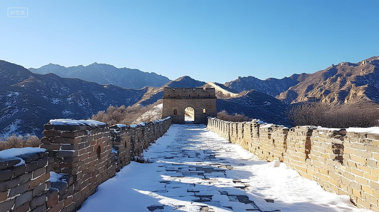 冬天阳光下雪景覆盖的中国长城展现雄伟庄严之美