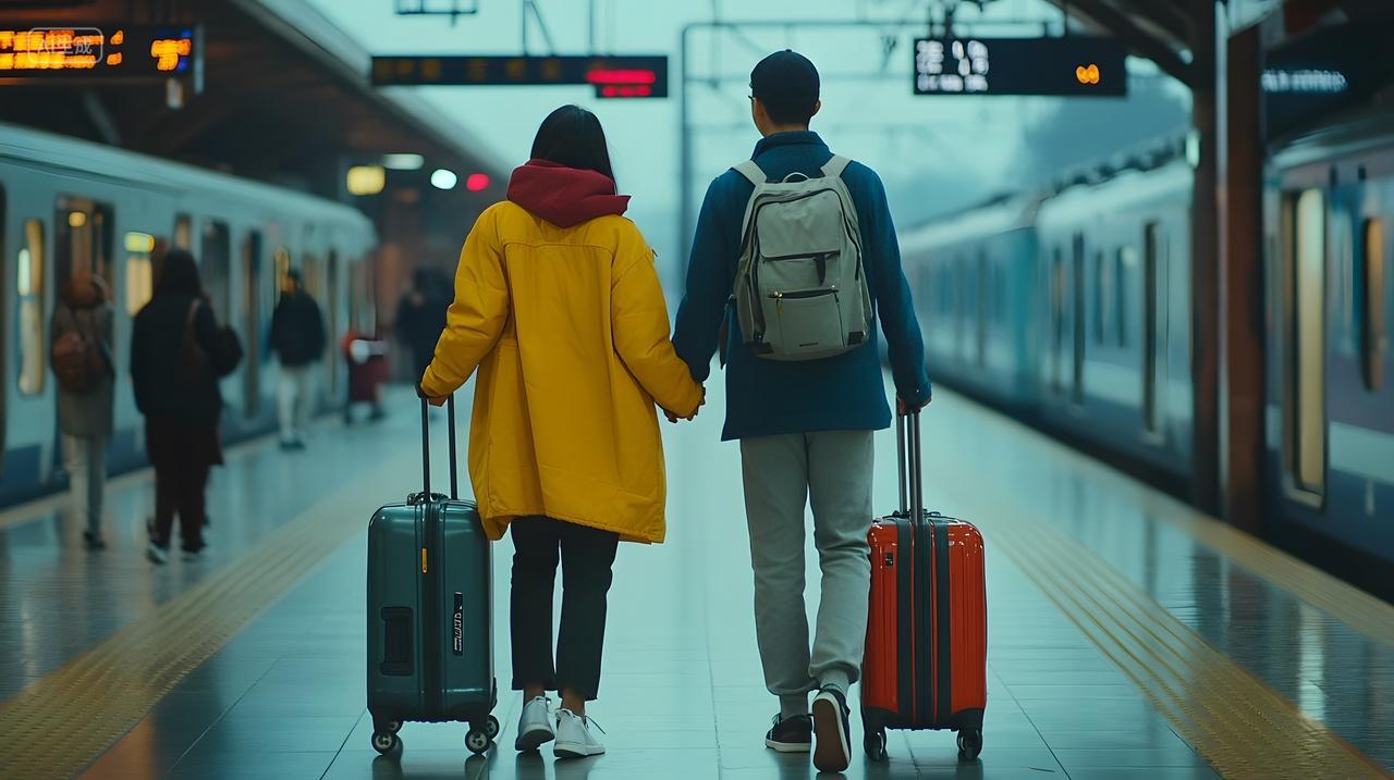 火车站情侣携手拖行李踏上春运旅程