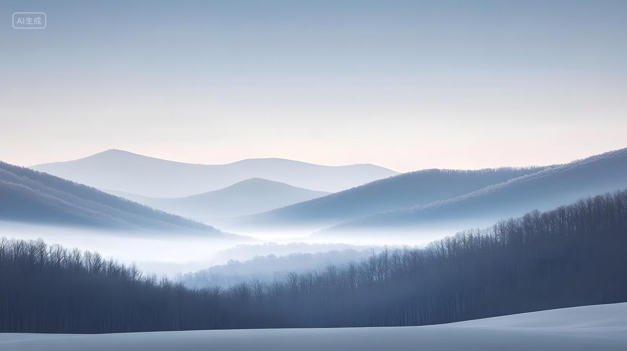 冬天云雾缭绕的雪景山峦展现宁静神秘之美