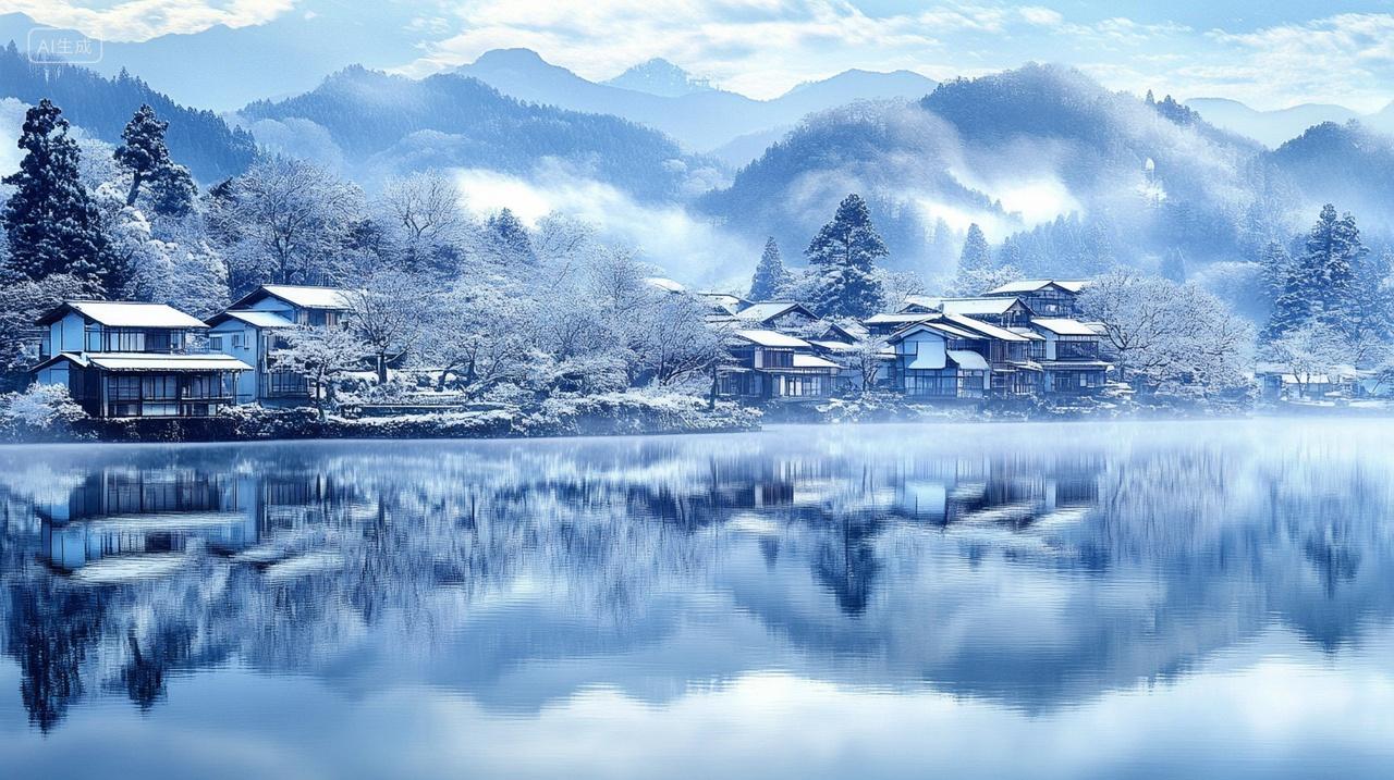 冬天大山里的湖滨小镇风景雪景湖边倒影唯美背景图电脑壁纸