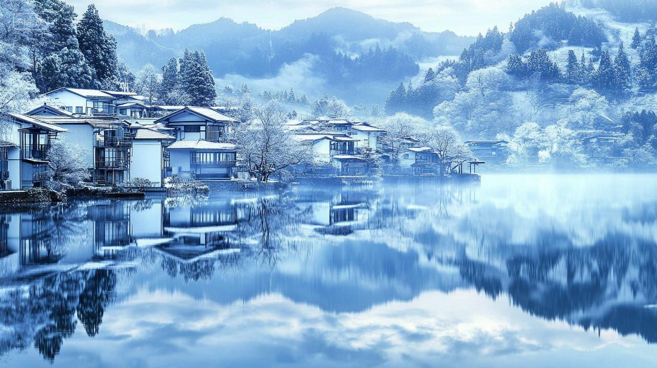 冬天宁静古色古香的湖滨小镇雪景湖边倒影唯美背景图电脑壁纸