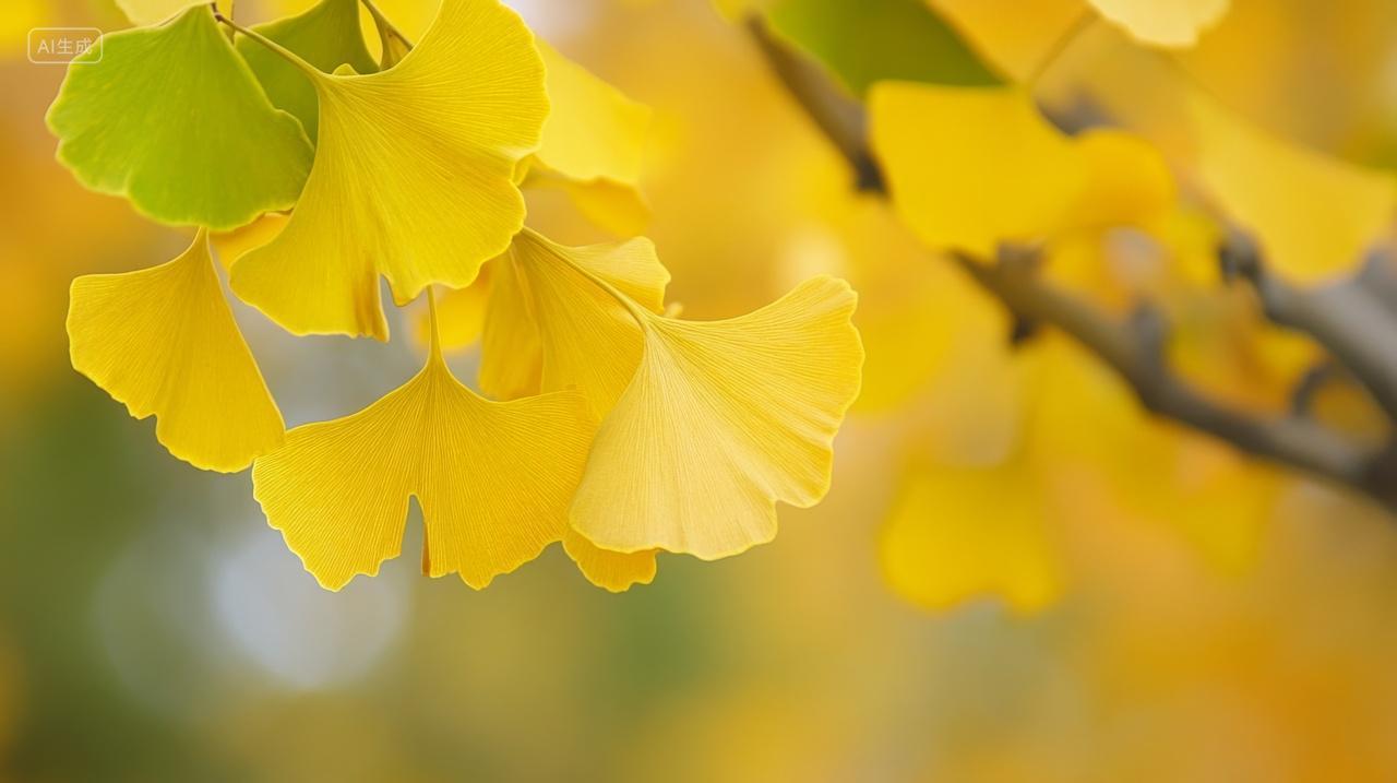 秋天金黄色的银杏叶秋景秋色树叶黄叶深秋