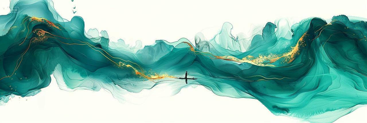 大横图插画大气水墨水彩背景静谧山河极简主义下的自然之舟封面壁纸