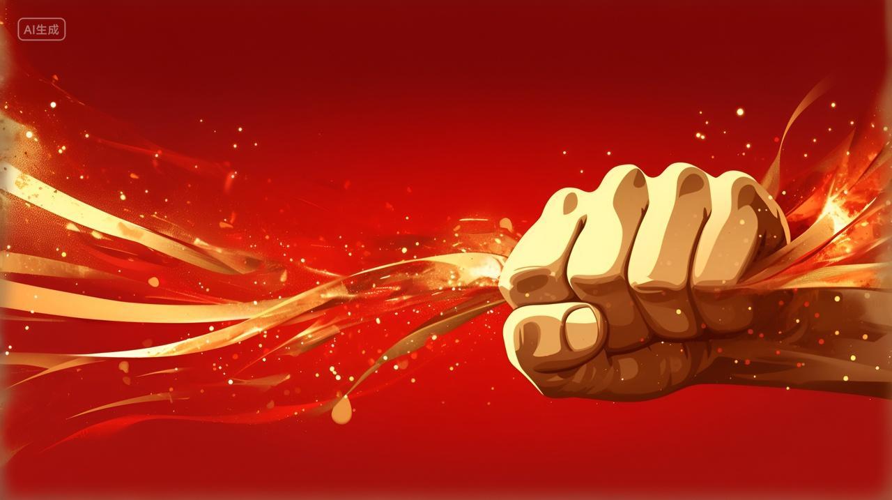 红色背景下的企业年会钢铁之拳奋斗拼搏企业文化精神力量的象征