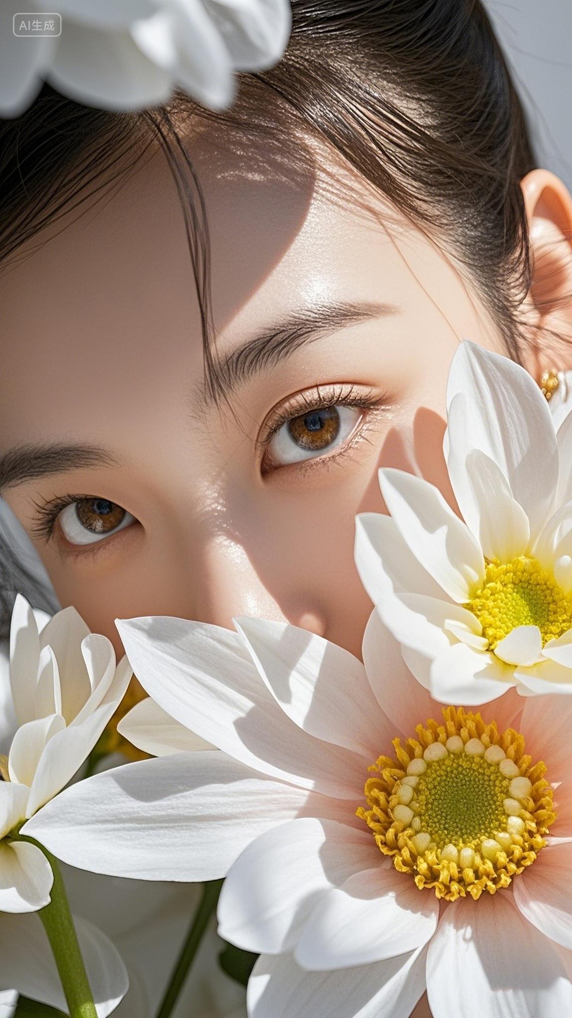 意境头像花朵包围着的女士人物写真头像春意盎然的头像模特美容素材