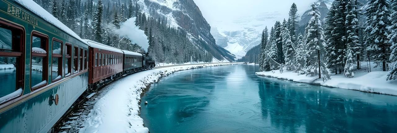 雪山森林湖边行驶的火车展现出自然与人类工程的和谐之美