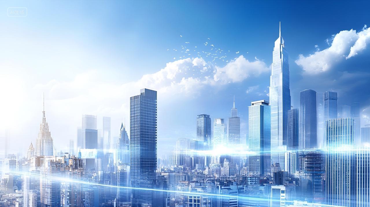 梦幻繁华都市蓝色城市剪影摩天大楼城市之光科技感背景图