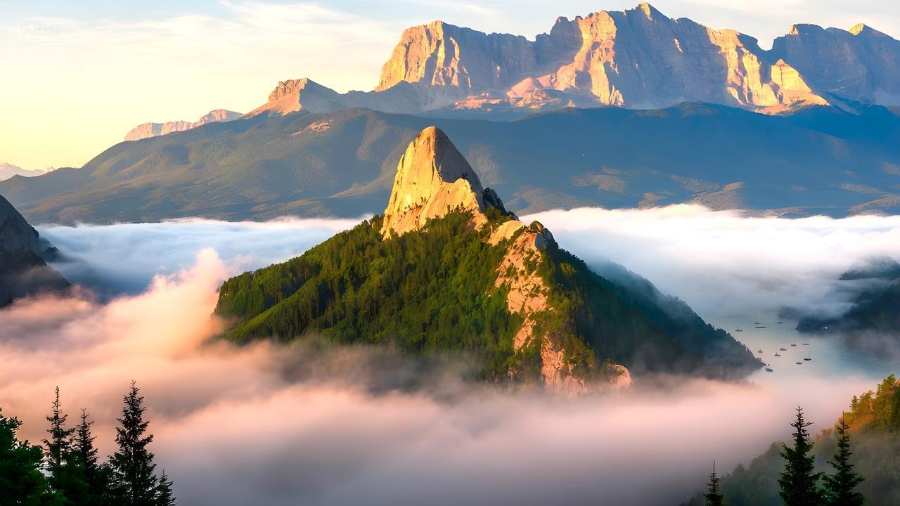 日出东方日照金山高山山峰风景画照片