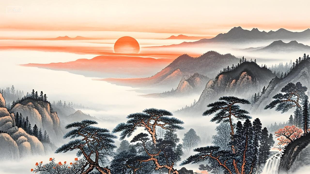 日出东方东方红山水画风景画水墨画高清电子版背景图片