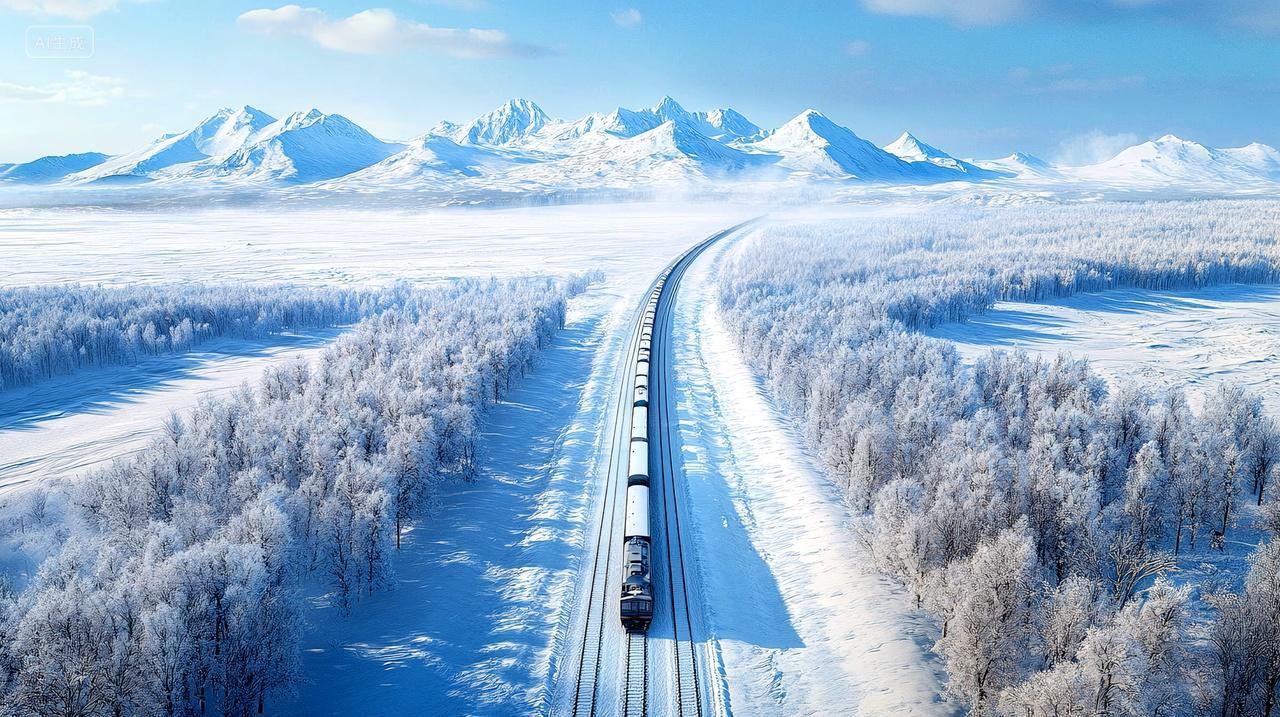 雪域列车西伯利亚森林的冬日轨迹大雪小雪