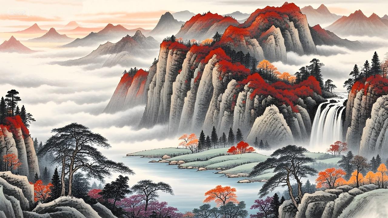 山水画鸿运当头好运来映山红山水风景彩色水墨画电子版