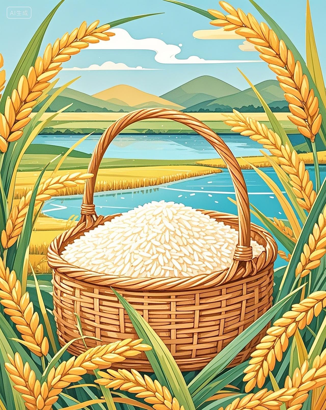 和谐田园的大米风光插画