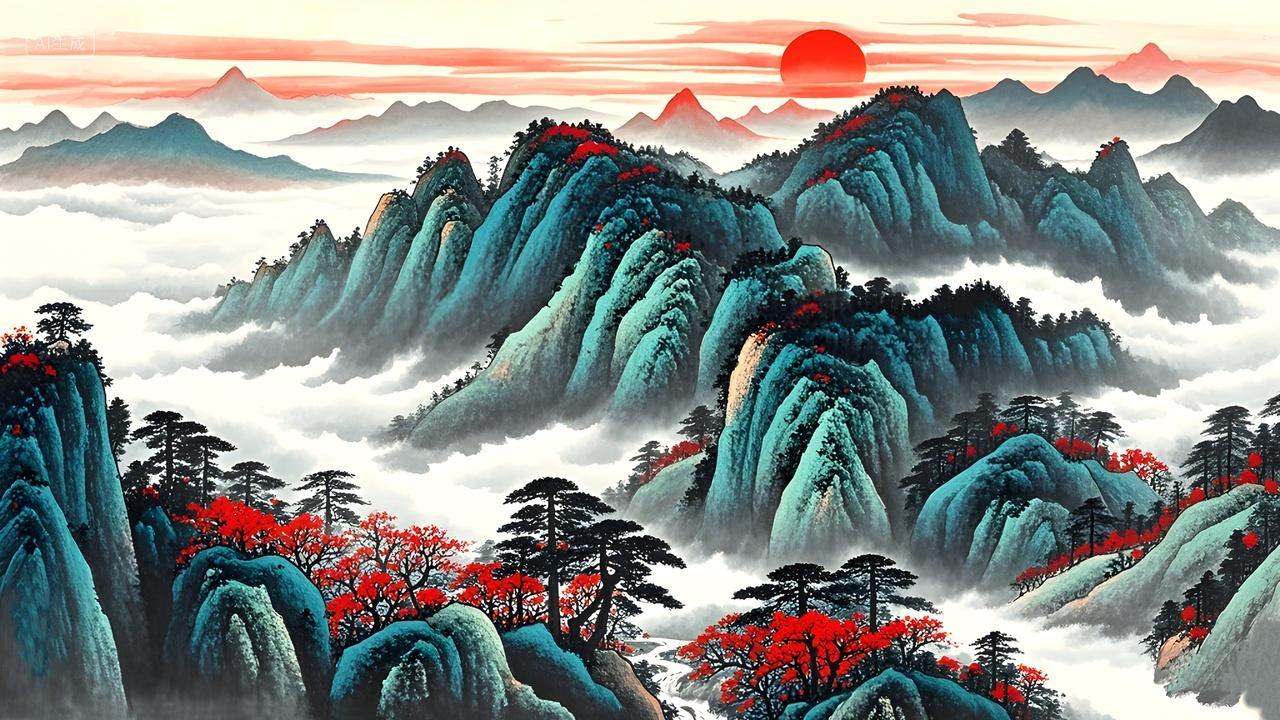 山水画鸿运当头日出东方山水风景水墨画