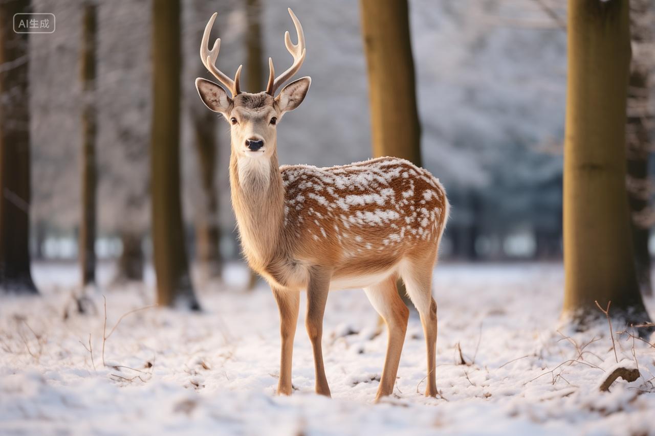 冬日森林雪地梅花鹿野生动物