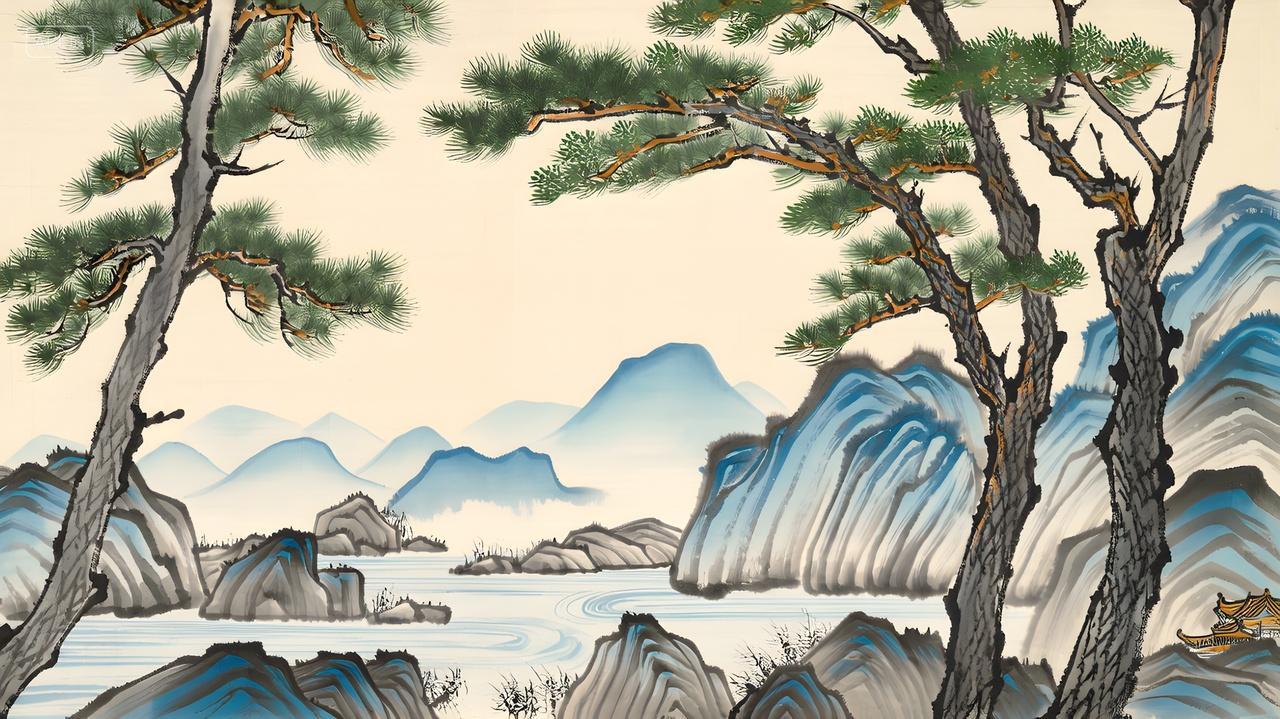 松树高山流水山水风景水墨画广告海报图