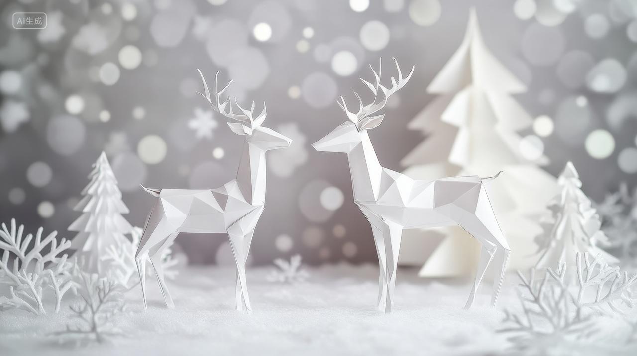 动物白色剪纸卡通插图唯美圣诞节与驯鹿场景