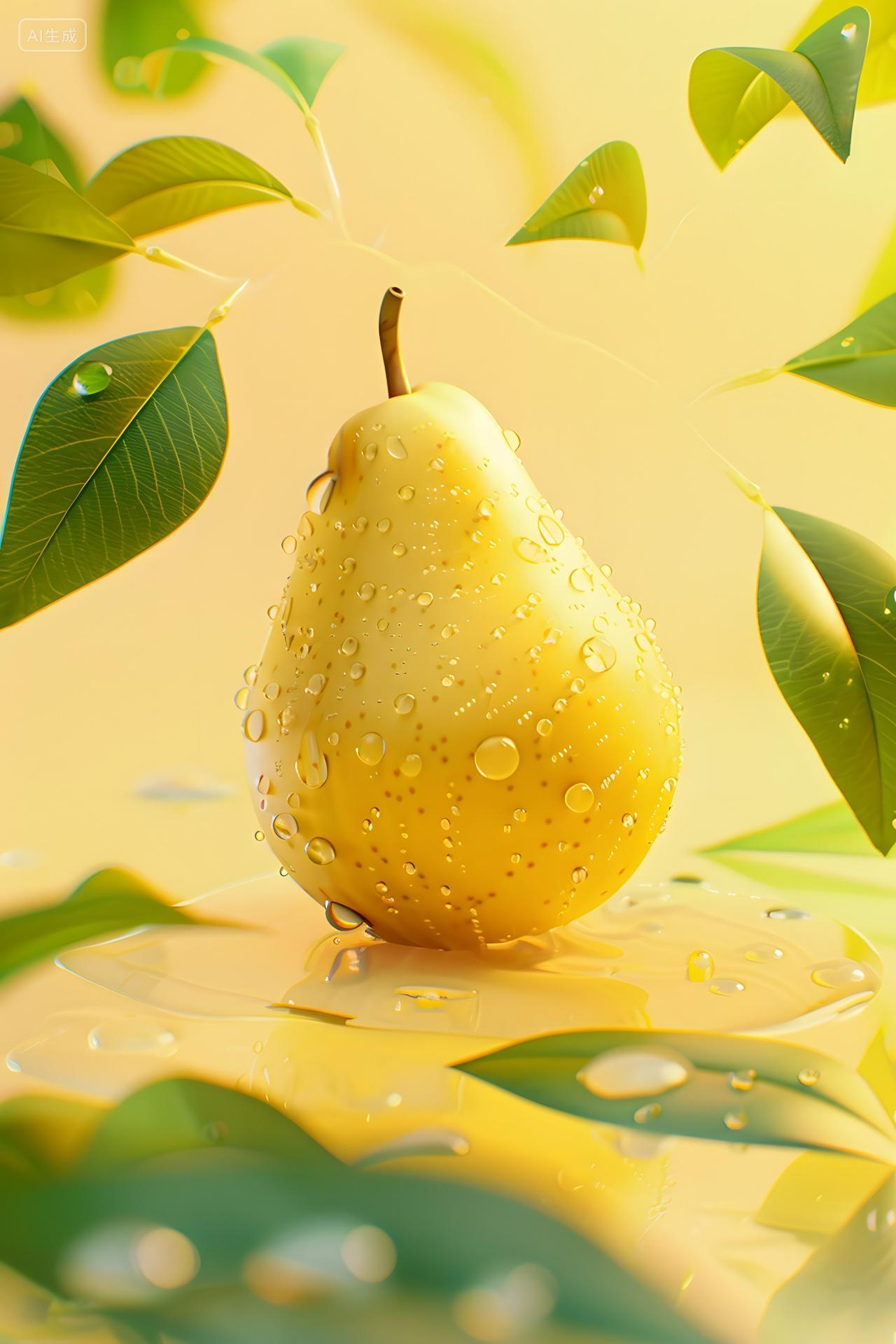 水果梨旁边绿叶环绕