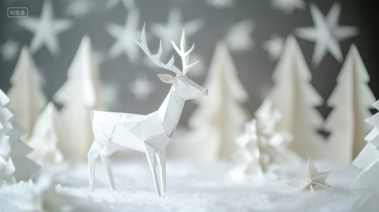 动物白色剪纸卡通插图唯美圣诞节与驯鹿场景
