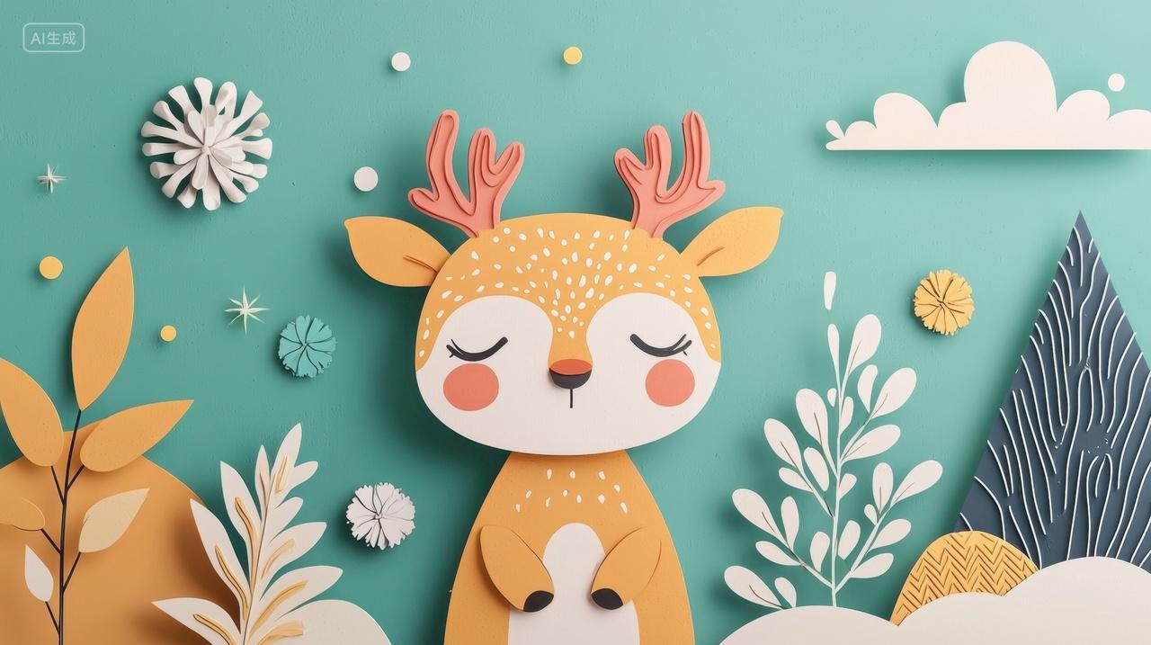 动物3D剪纸卡通插画可爱卡通驯鹿