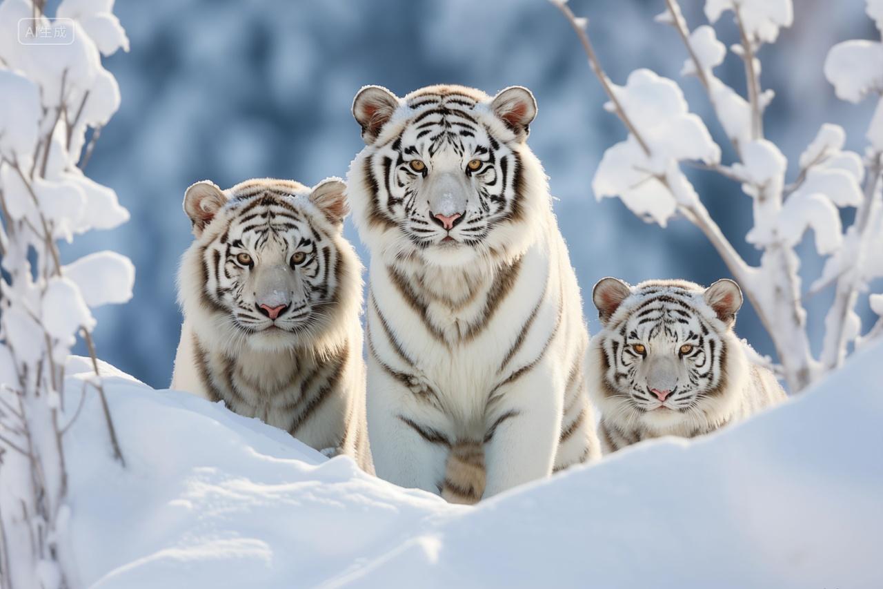 冬日雪地白色东北虎野生动物