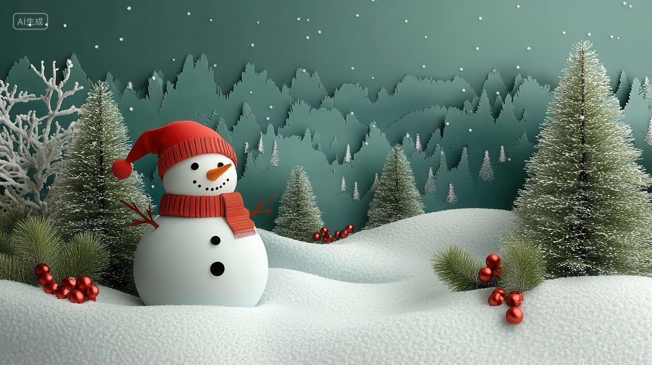 圣诞节雪地上的雪人与圣诞树