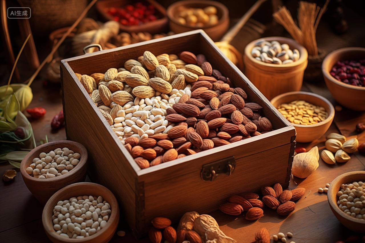 木盒里的坚果干果美食食材