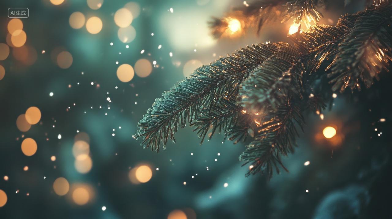 装饰了灯光的绿色松枝