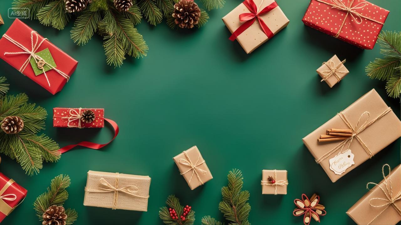 圣诞节主题礼盒礼物冬青松果绿色桌面壁纸背景图